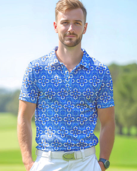 Man wearing a blue patterned golf polo shirt on a golf course