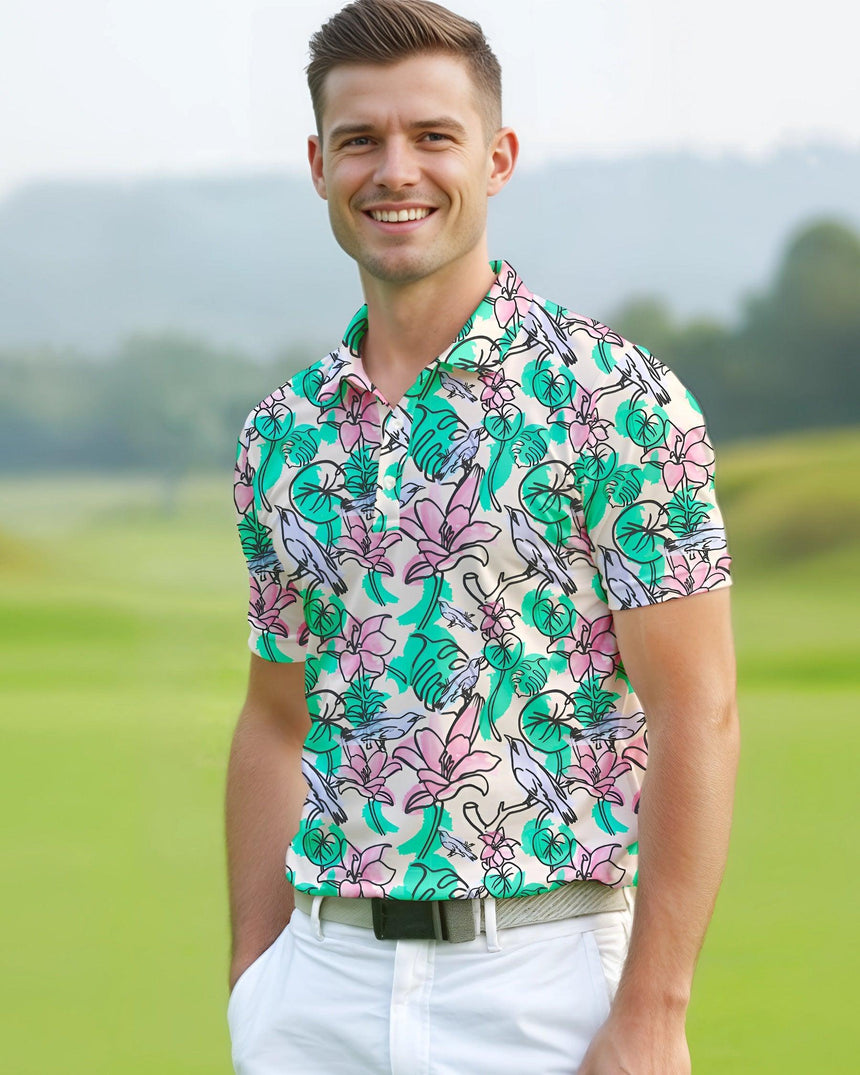 Man wearing a colorful floral print golf polo shirt on a golf course