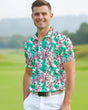 Man wearing a colorful floral print golf polo shirt on a golf course