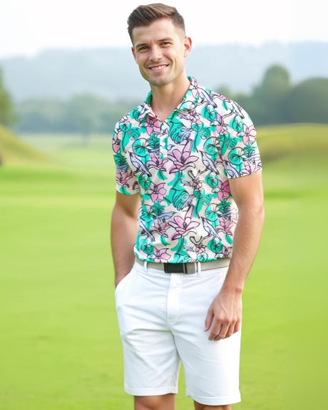Man wearing a colorful floral print golf polo shirt on a golf course