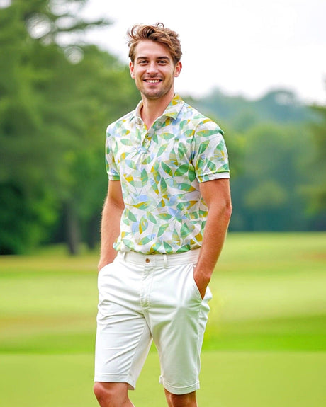A man on a golf course wearing a colorful leaf print golf polo shirt