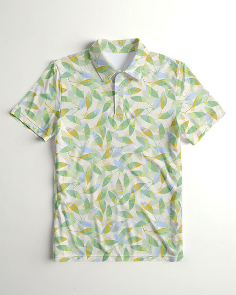 Green and white leaf patterned polo shirt