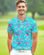 A man on a golf course wearing a fun pink flamingo print golf shirt
