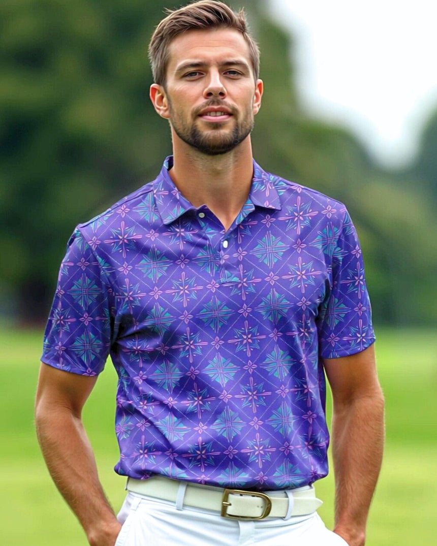 Man wearing a purple patterned golf shirt on a golf course