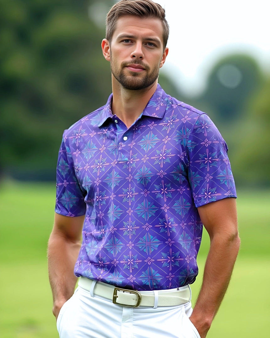 Man wearing a purple patterned polo golf