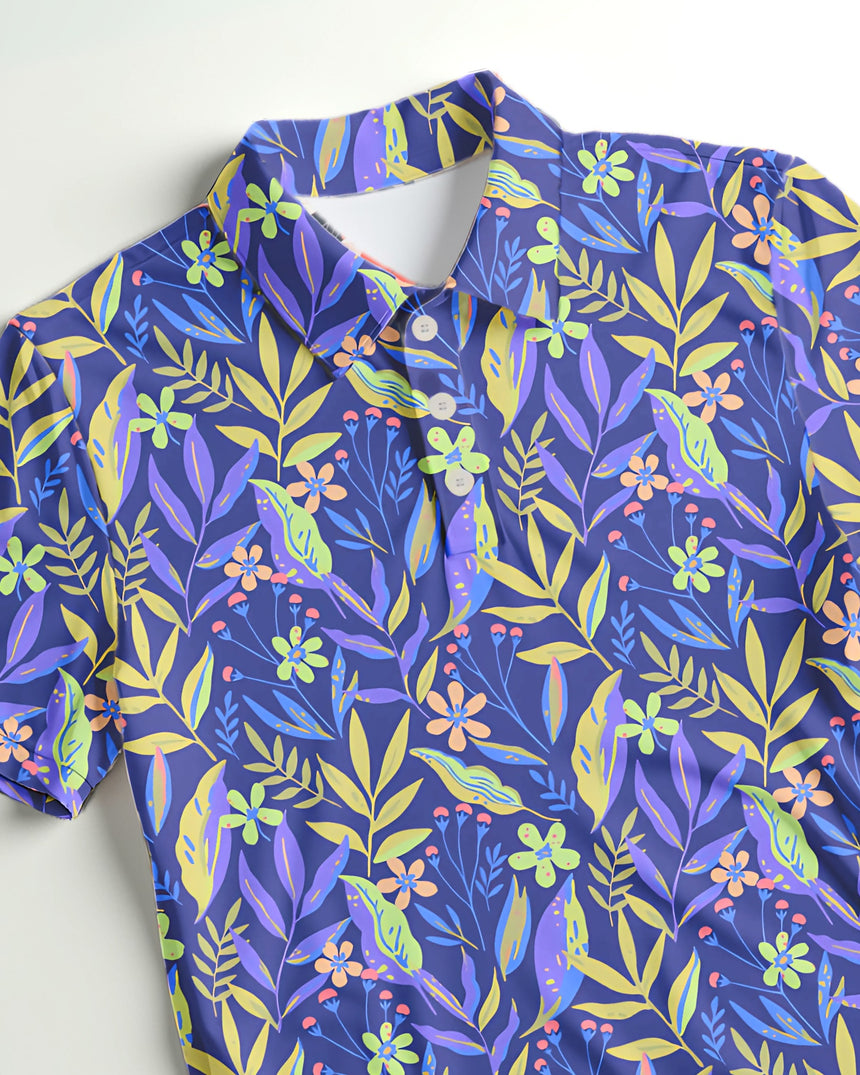 Closeup of a colorful purple blue floral print golf polo