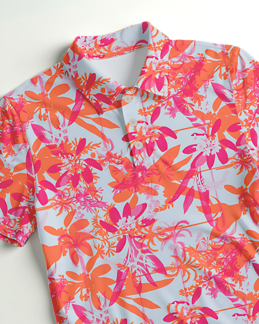 Colorful floral pattern golf shirt on a light background