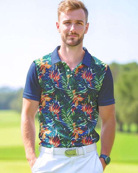 A man on a golf course wearing a blue leaves pattern golf polo