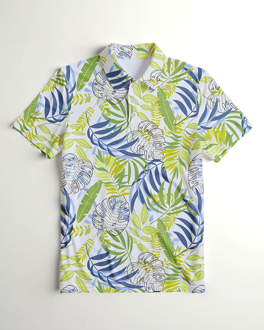 Colorful tropical leaf patterned polo shirt