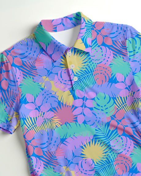 Close up of a colorful tropical print golf polo
