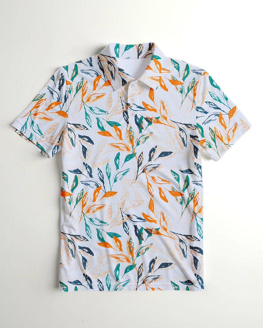Short-sleeve polo shirt with a colorful leaf pattern