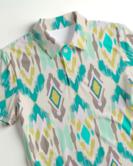 Close up of a short sleeve polo shirt with geometric ikat pattern