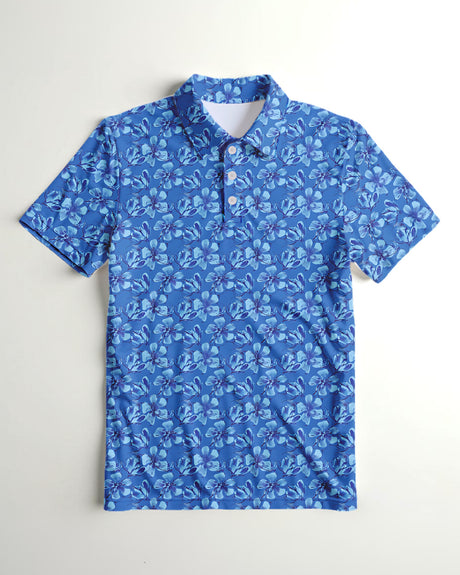 Blue floral print polo shirt on a white background