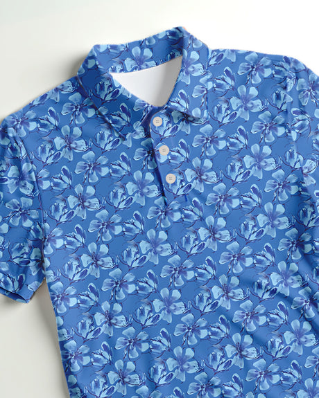 Close-up of a blue floral print golf polo