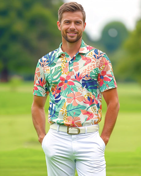 Man wearing a colorful floral pattern golf shirt and white pants on a golf course