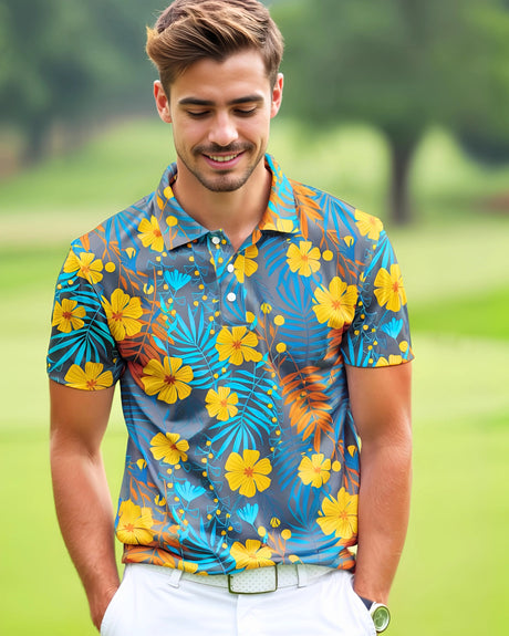 Man wearing a colorful floral golf shirt on a golf course