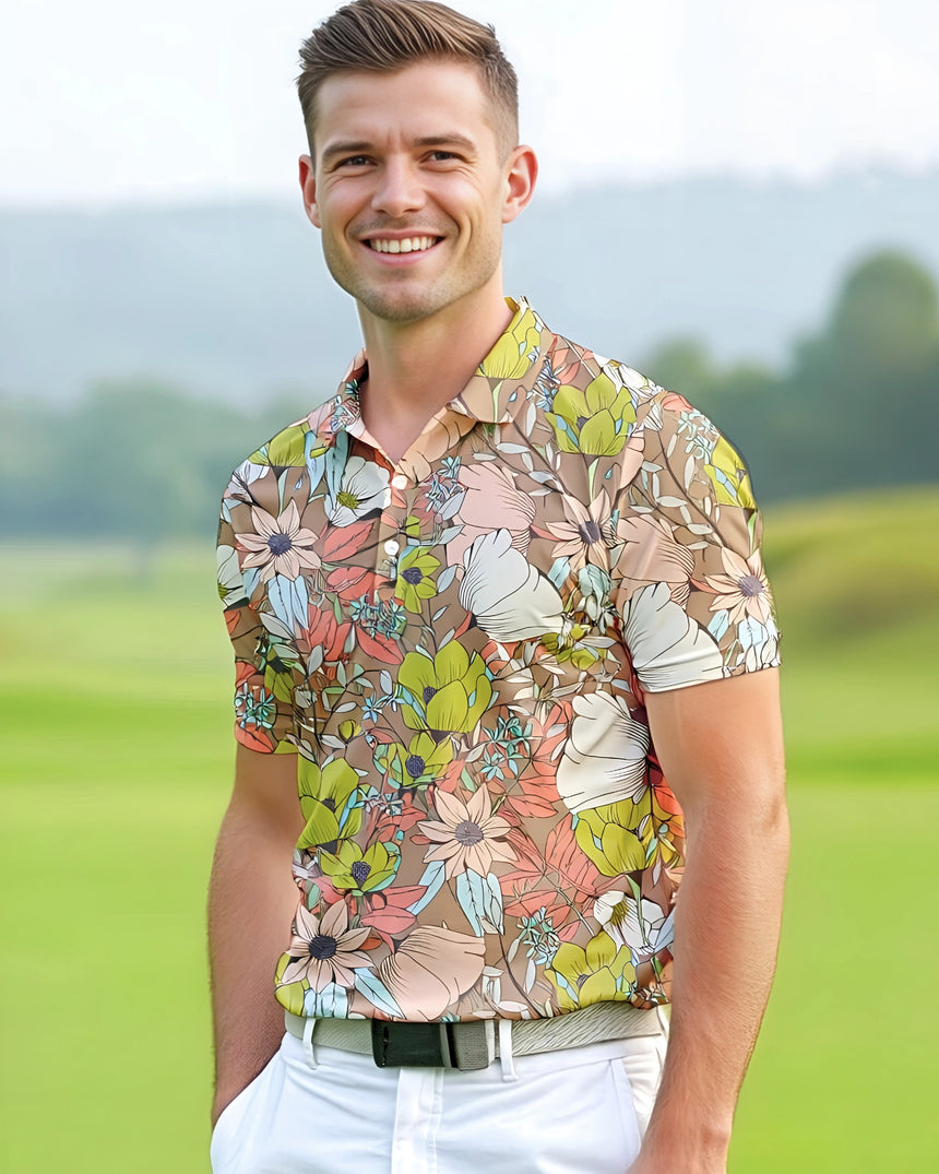 Man wearing a colorful floral polo shirt on a golf course
