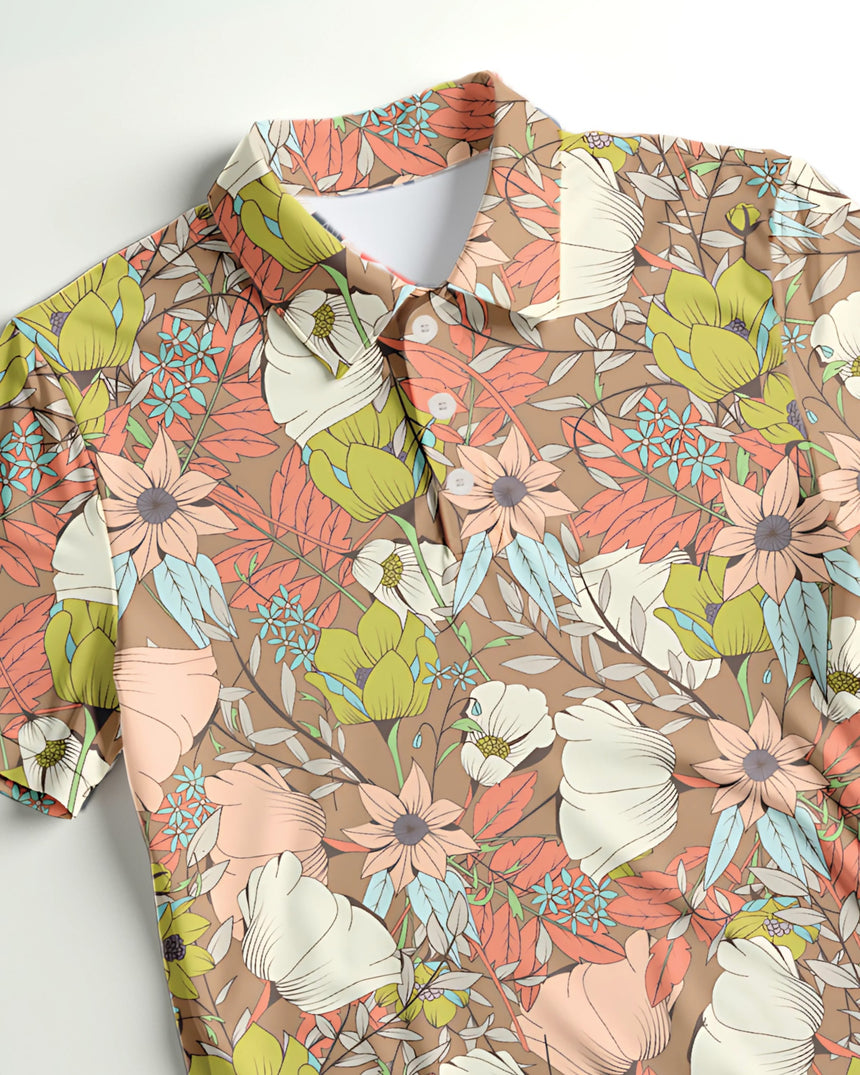 Close-up of a floral patterned golf polo with a mix of coloras
