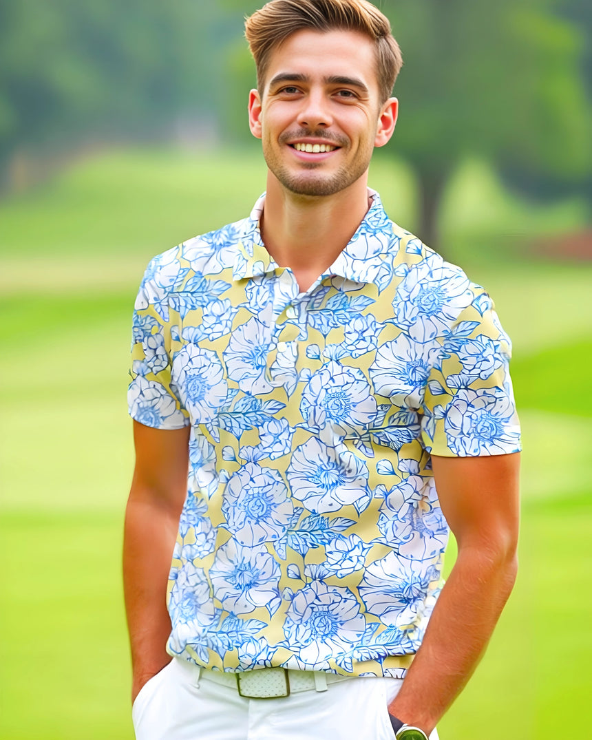 Man wearing a floral golf shirt standing on a golf course