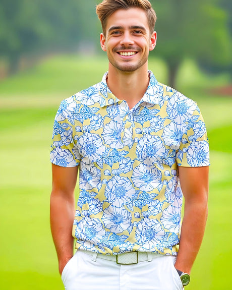 Man wearing a floral golf polo standing on golf course