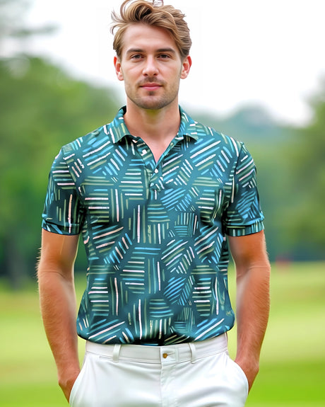 Man wearing a geometric pattern teal golf shirt on a golf course