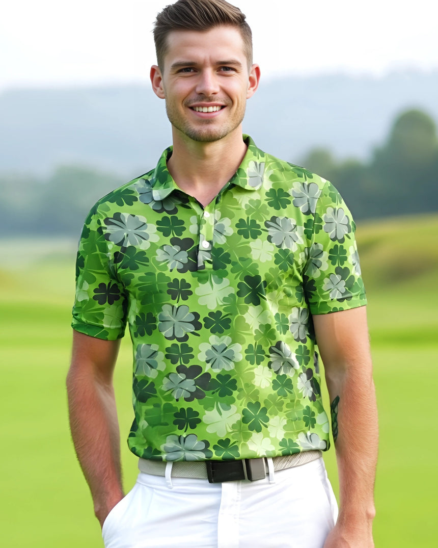 Man wearing a green clover pattern golf shirt on a golf course