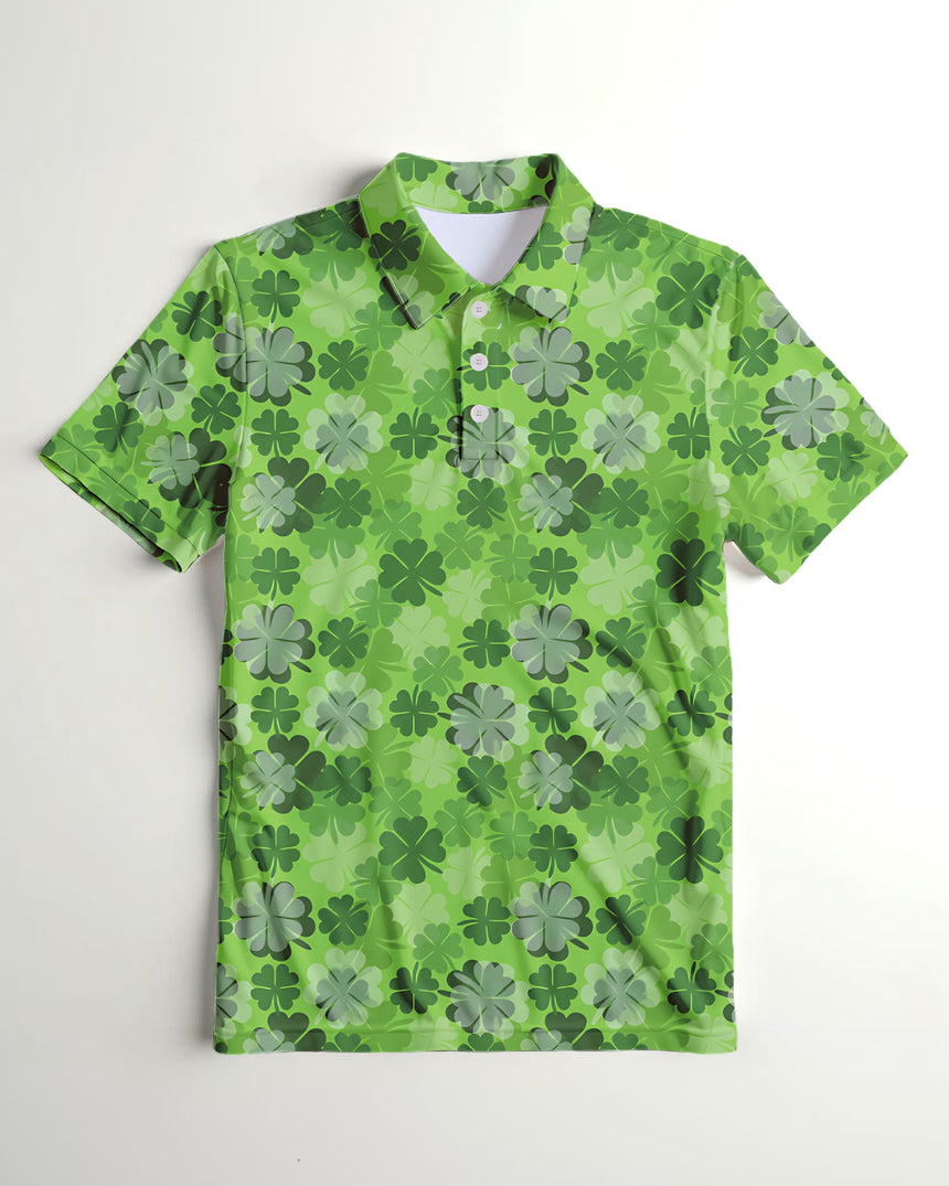 Green clover print polo shirt with shamrock pattern