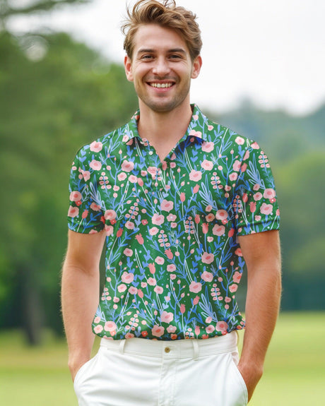 Man wearing a colorful floral golf polo shirt standing on a golf course