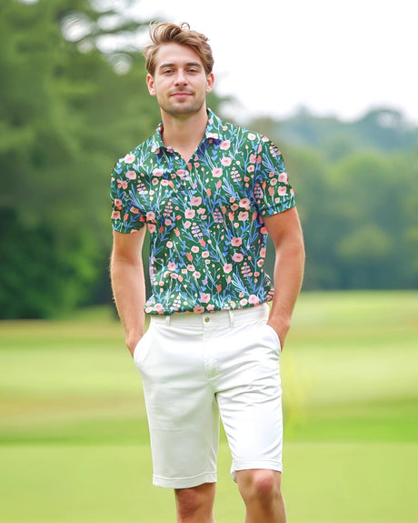 Man wearing a colorful floral golf polo shirt standing on a golf course