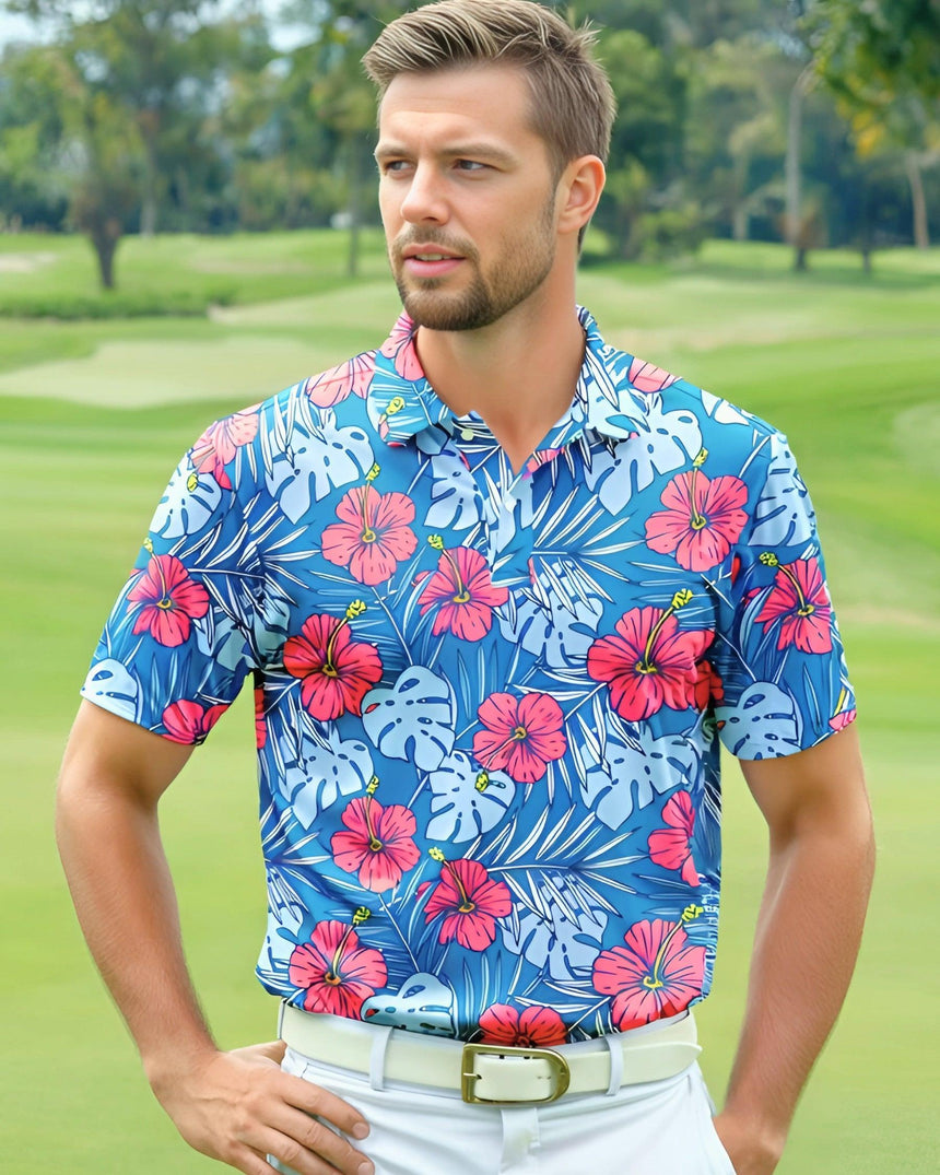 Man wearing a colorful floral shirt on a golf course