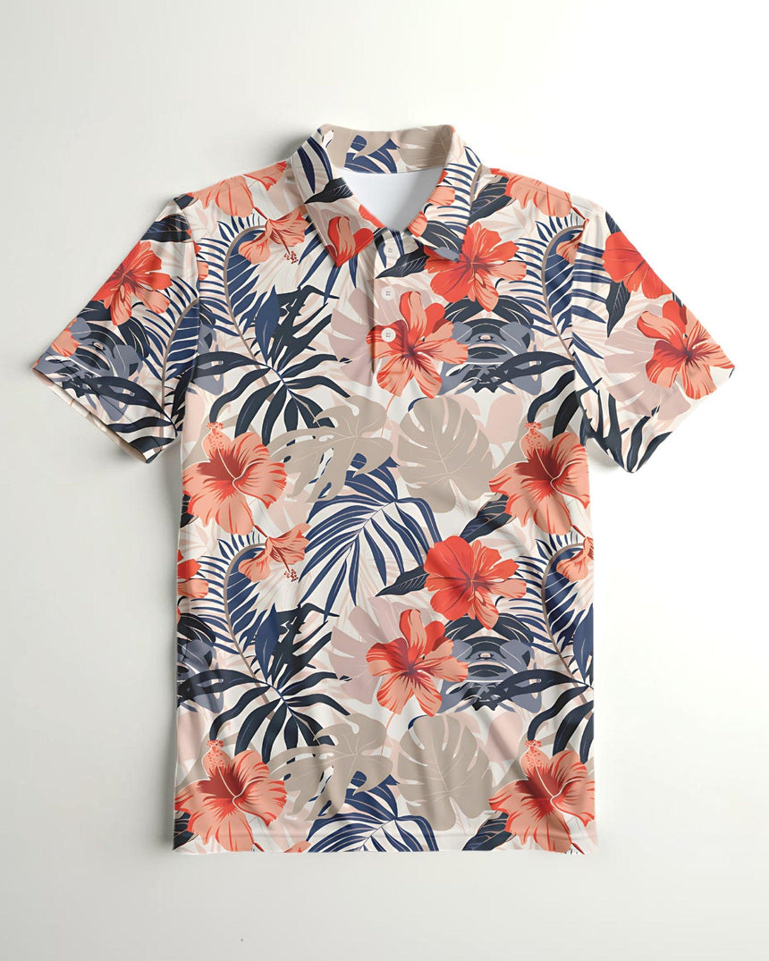 Hawaiian style golf polo shirt with tropical floral pattern on a white background.