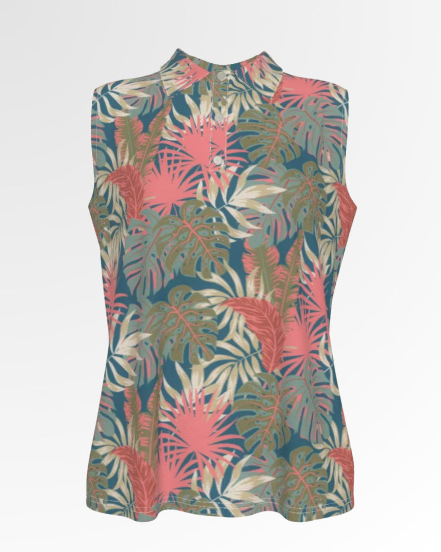 Sleeveless golf polo with a tropical leaf pattern.