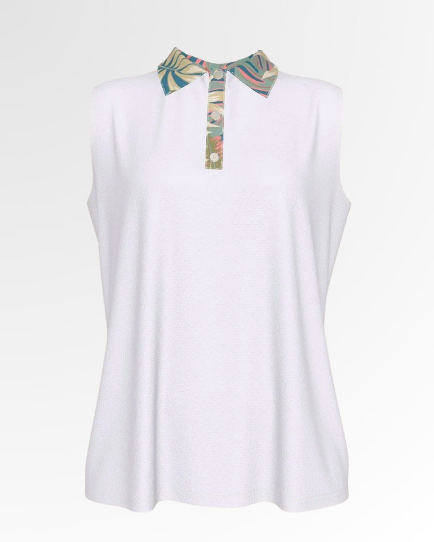 A white, sleeveless golf polo with a colorful patterned collar and placket.