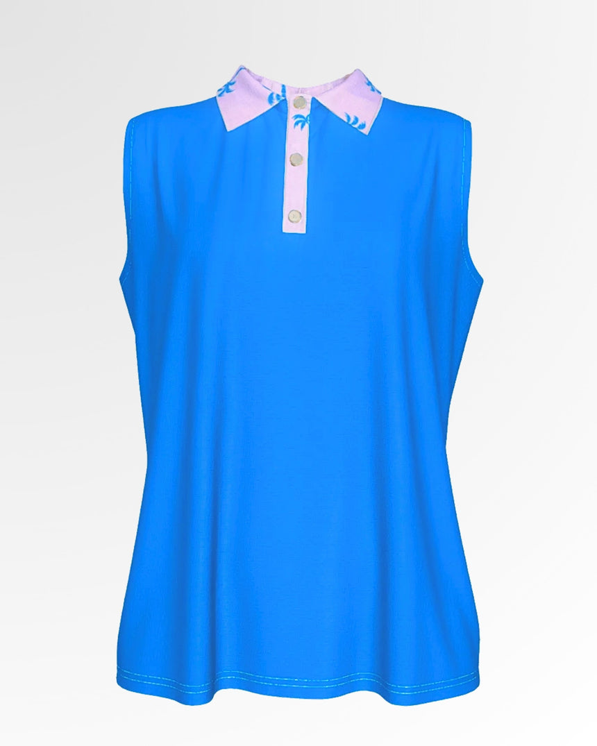 Sleeveless blue golf polo with pink collar and placket featuring palm tree print.