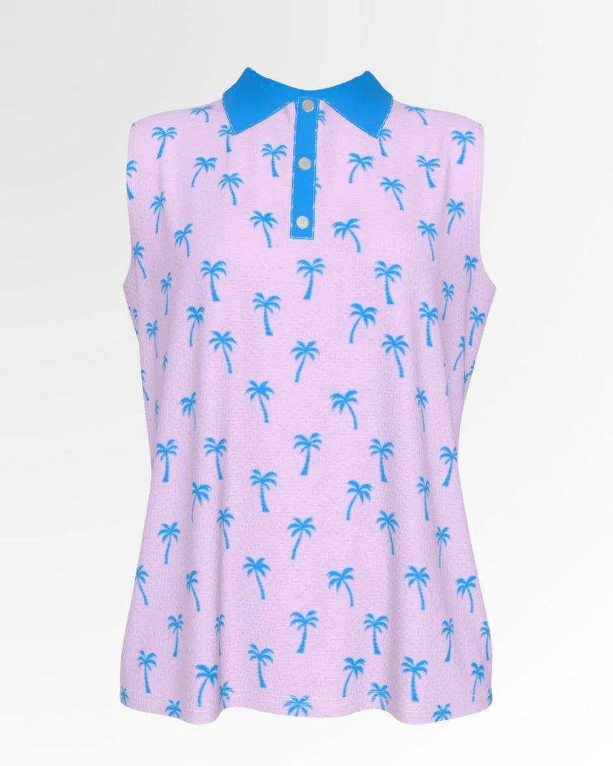 A sleeveless golf polo shirt in light pink with a blue palm tree pattern and a solid blue collar.