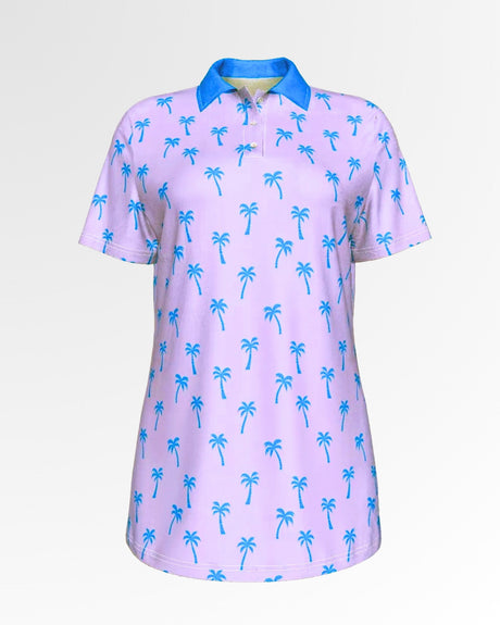Golf polo shirt in light purple with blue palm tree pattern and blue collar.