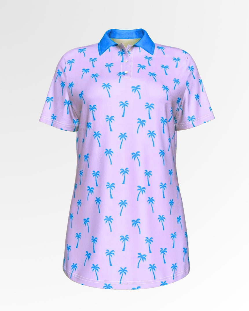 Golf polo shirt in light purple with blue palm tree pattern and blue collar.