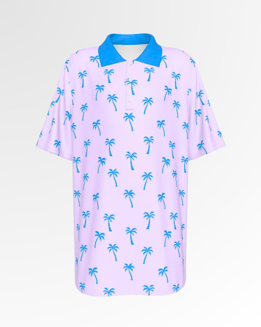A golf polo shirt with a light purple background and blue palm tree pattern.