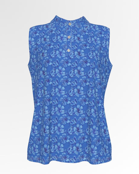 Sleeveless golf polo in blue floral pattern.