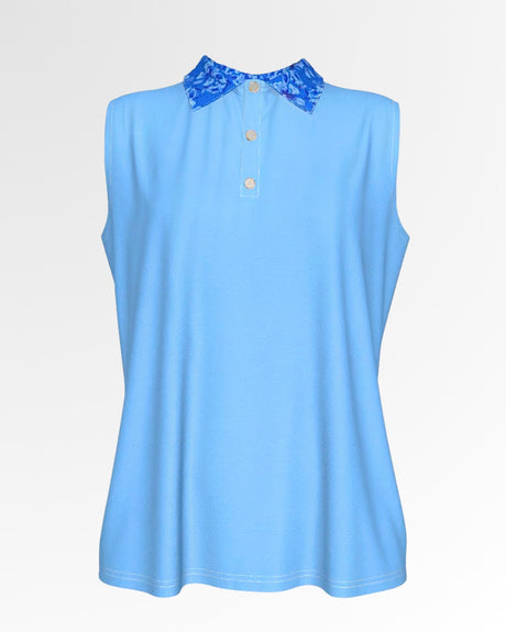 A light blue sleeveless golf polo with a patterned blue collar.