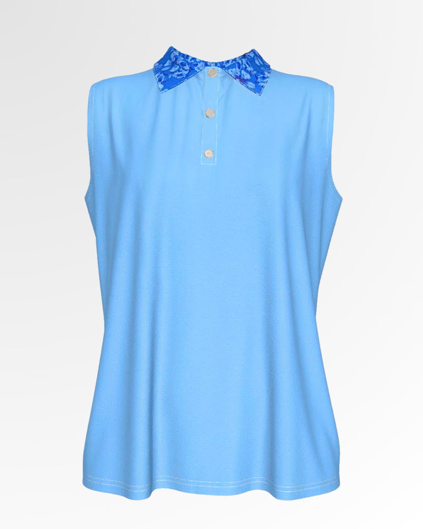 A light blue sleeveless golf polo with a patterned blue collar.