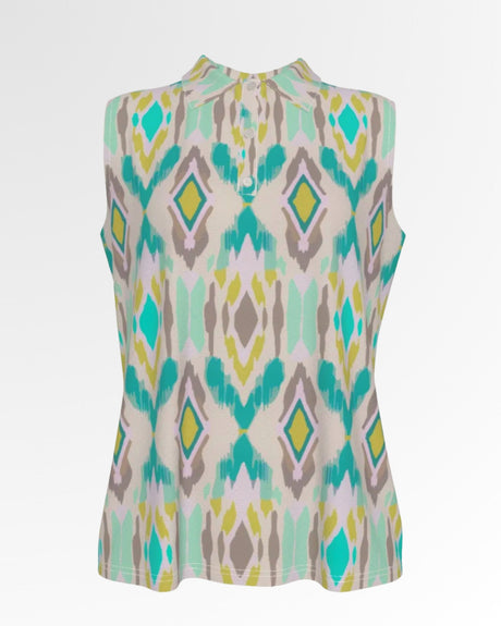 Sleeveless golf polo with an abstract diamond pattern in shades of teal, yellow, and gray.