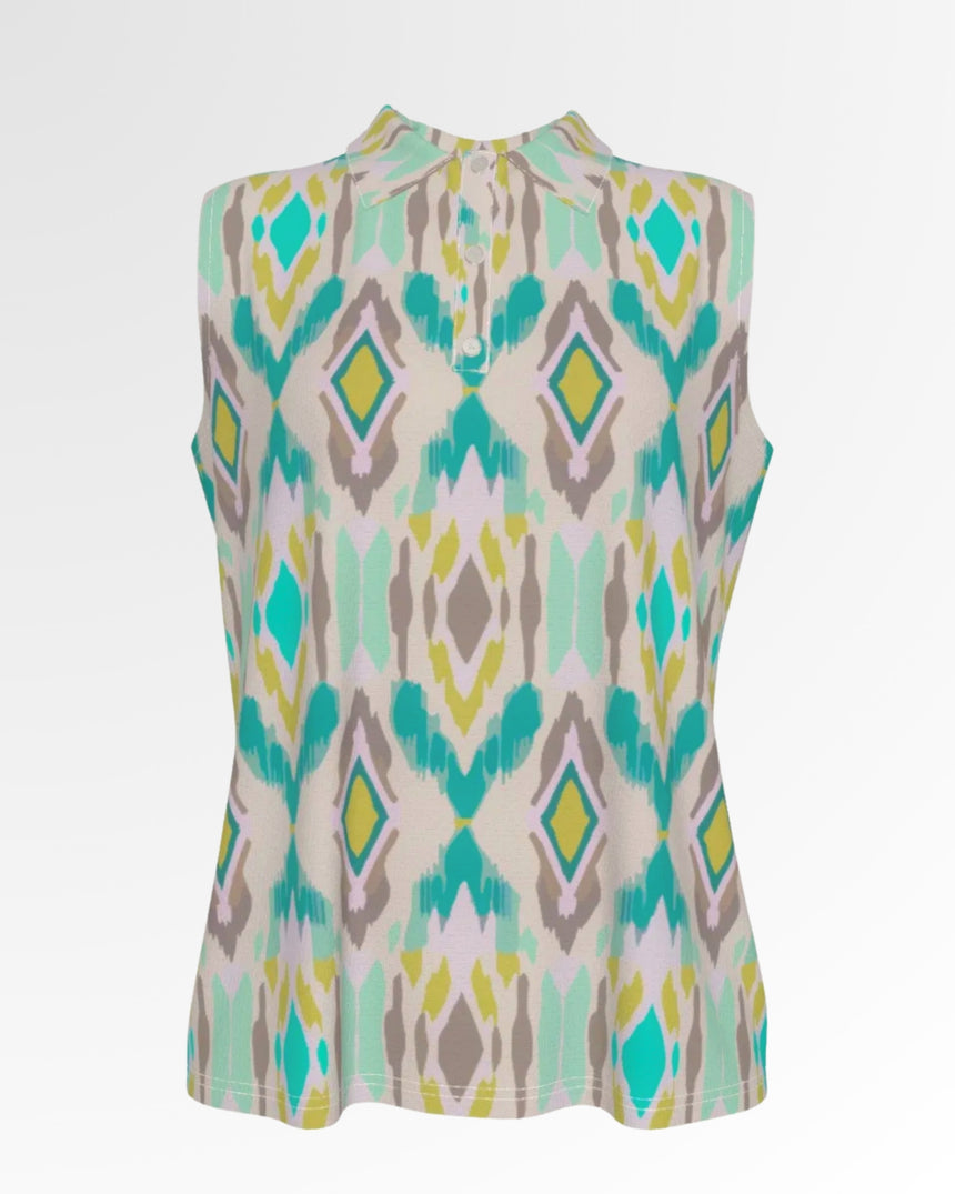 Sleeveless golf polo with an abstract diamond pattern in shades of teal, yellow, and gray.