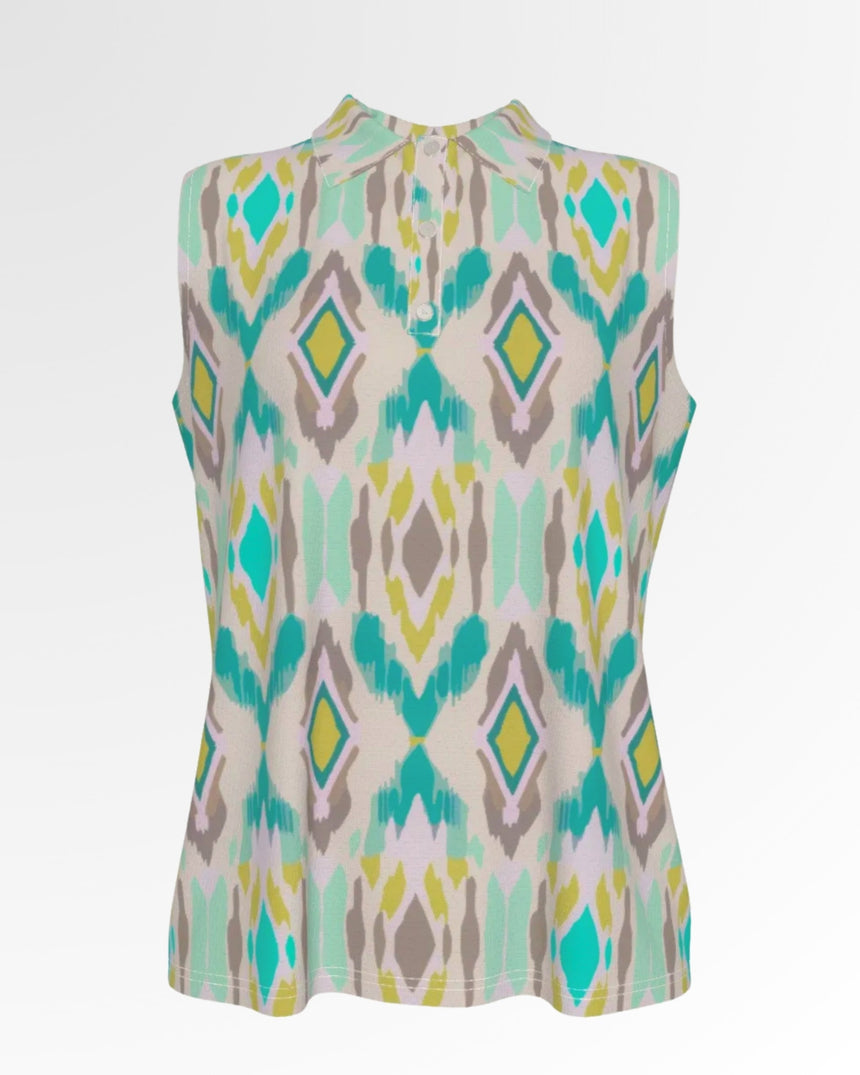 Sleeveless golf polo with a colorful diamond pattern.
