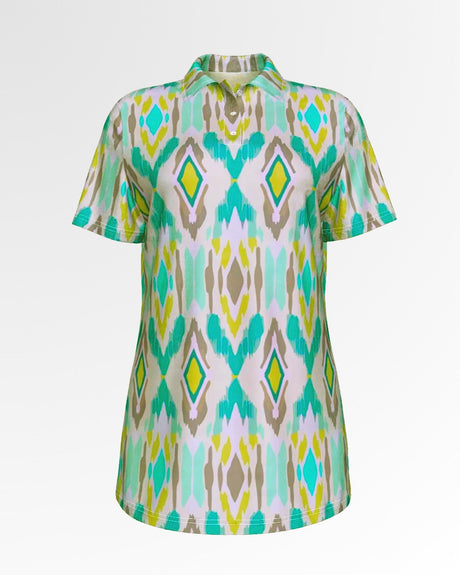 A golf polo with an ikat diamond pattern in shades of green, yellow, and gray.