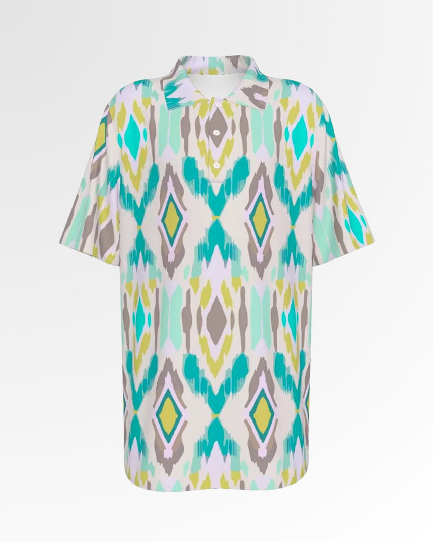 Golf polo shirt with an abstract diamond pattern in shades of teal, green, and gray.
