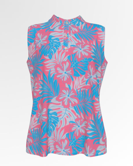 A sleeveless golf polo with a pink, blue, and white floral pattern.