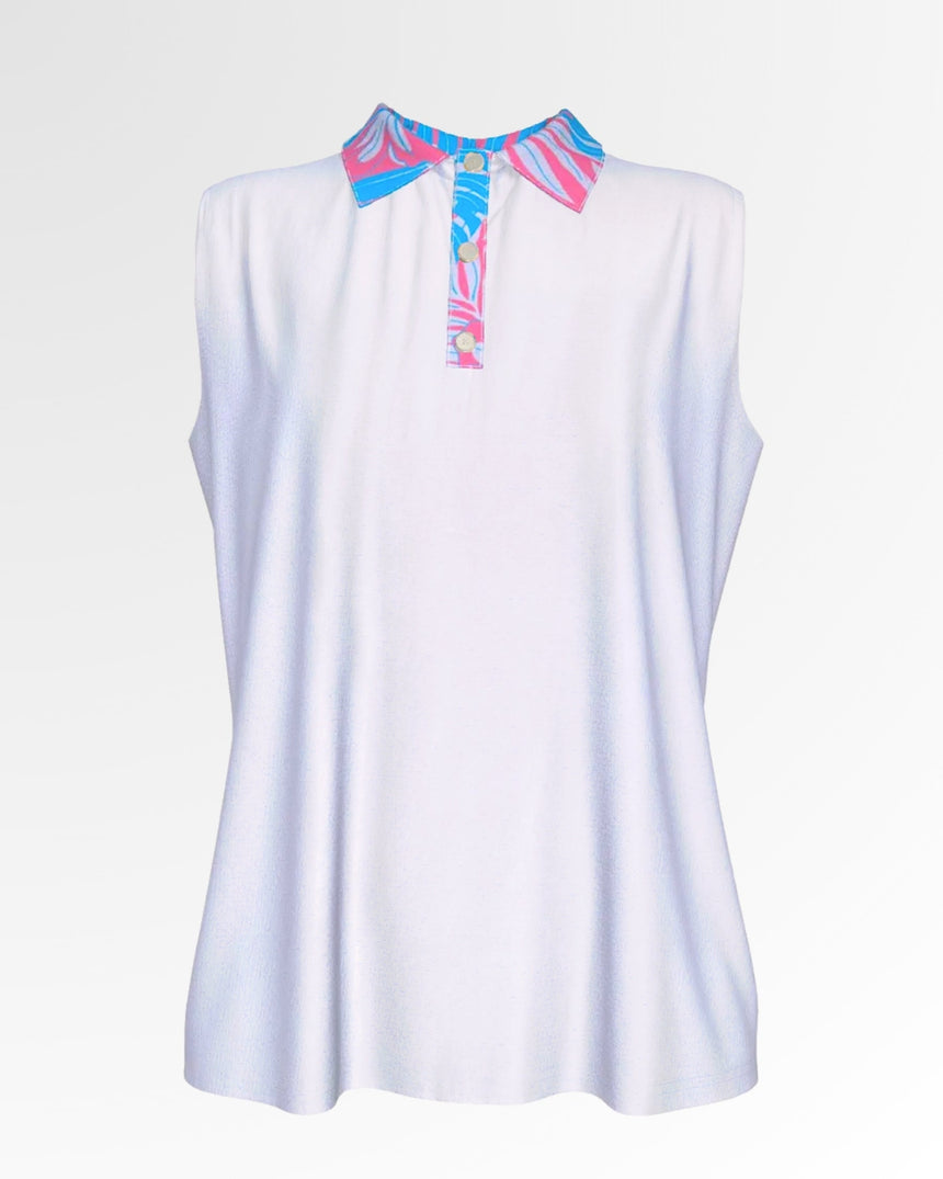 Sleeveless white golf polo with a pink and blue patterned collar and placket.