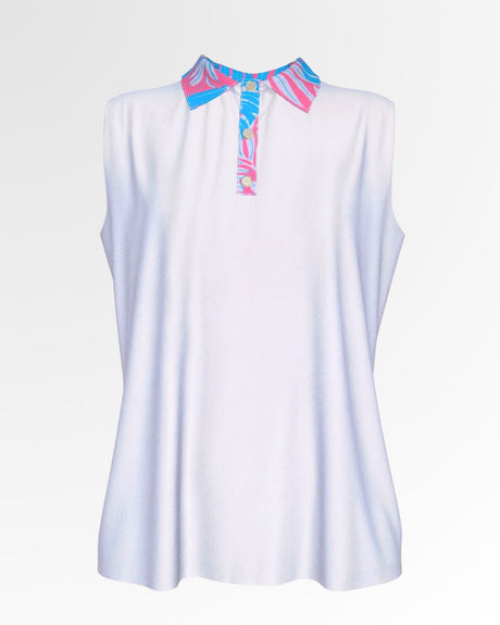 Sleeveless white golf polo with a pink and blue patterned collar.