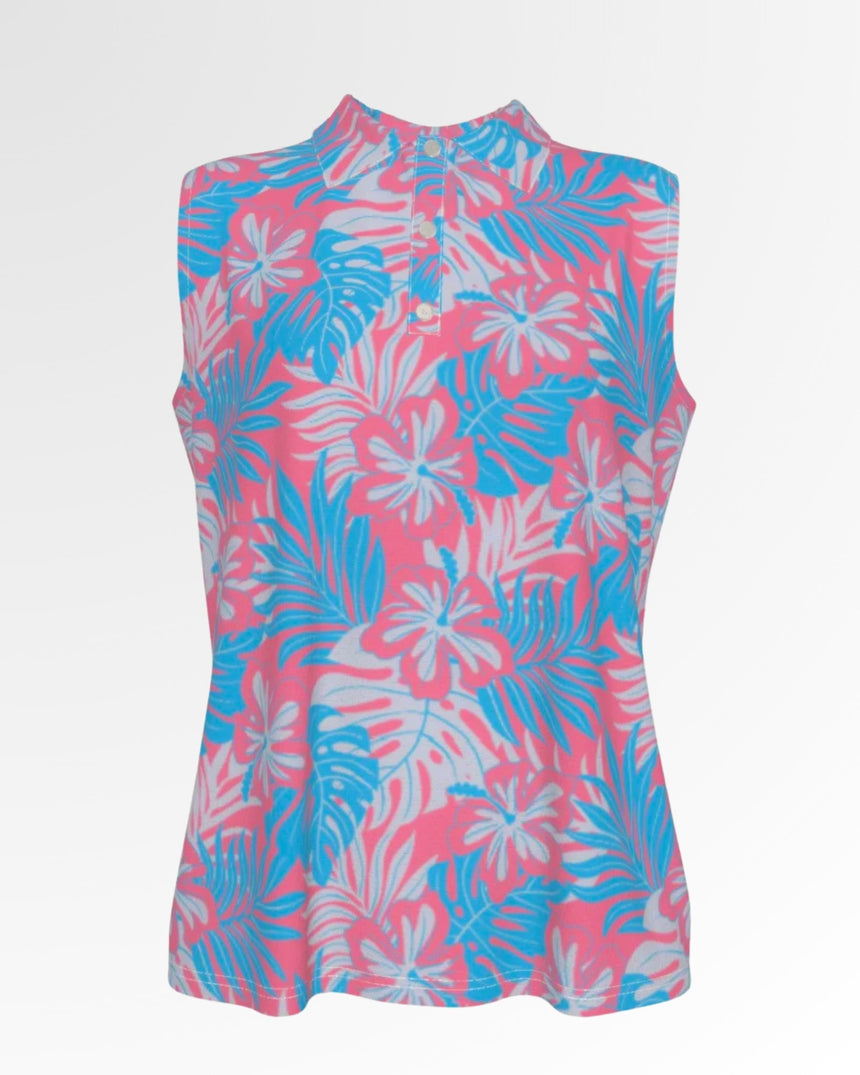 Sleeveless golf polo in a pink, blue, and white tropical floral print.